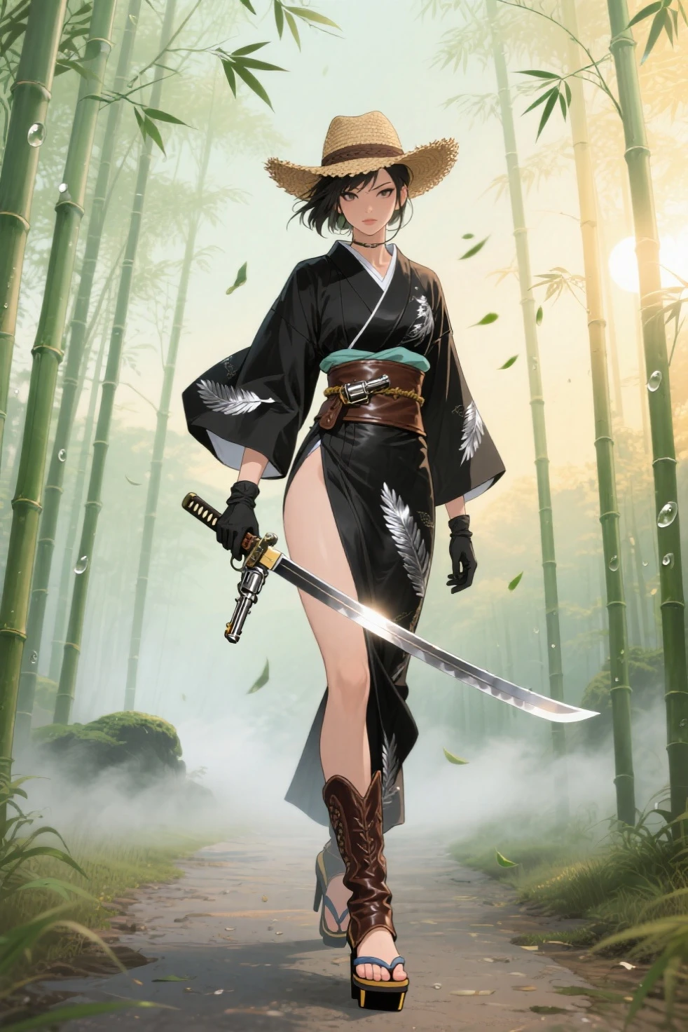 (anime,masterpiece, top quality, Best quality,beautiful and aesthetically pleasing:1.2,professional illustration:1.1,Ultra detail:1.3, Official art, professional illustration, Ultra-detailed image, Ultra-precise image, extremely detailed illustration in 8k resolution, a high resolution, Ultra detailed painting, soft shadows), (girl), Rukia kuchiki \(cosplay\), Cool beauty, mother, glossy, (black hair of medium length), (loose hair), small breasts, perfect body, pubic hair, костюм синигами Rukia kuchiki, katana zanpakuto in sheath