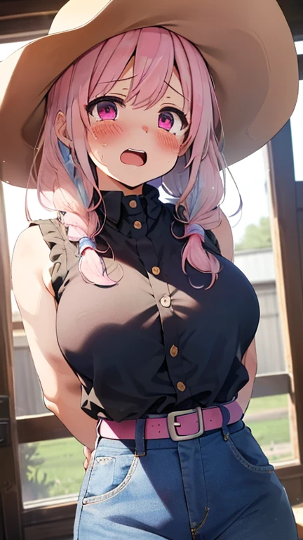 mastute piece,Best Quality,insanely detailed,8k cg,nsfw,
(shoot upper body:1.3),
(1girls:1.3),standing,looking at viewr,body in front,(arms behind back:1.4),(naked overalls:1.4),(bare breasts),break,
blush,shy,(ecstasy face),(trembling:1.2),break,(light pink hair:1.2),
break,
perfect breasts,perfect teats,(open mouth:0.9),(large breasts:1.2),
(ranch:1.1),