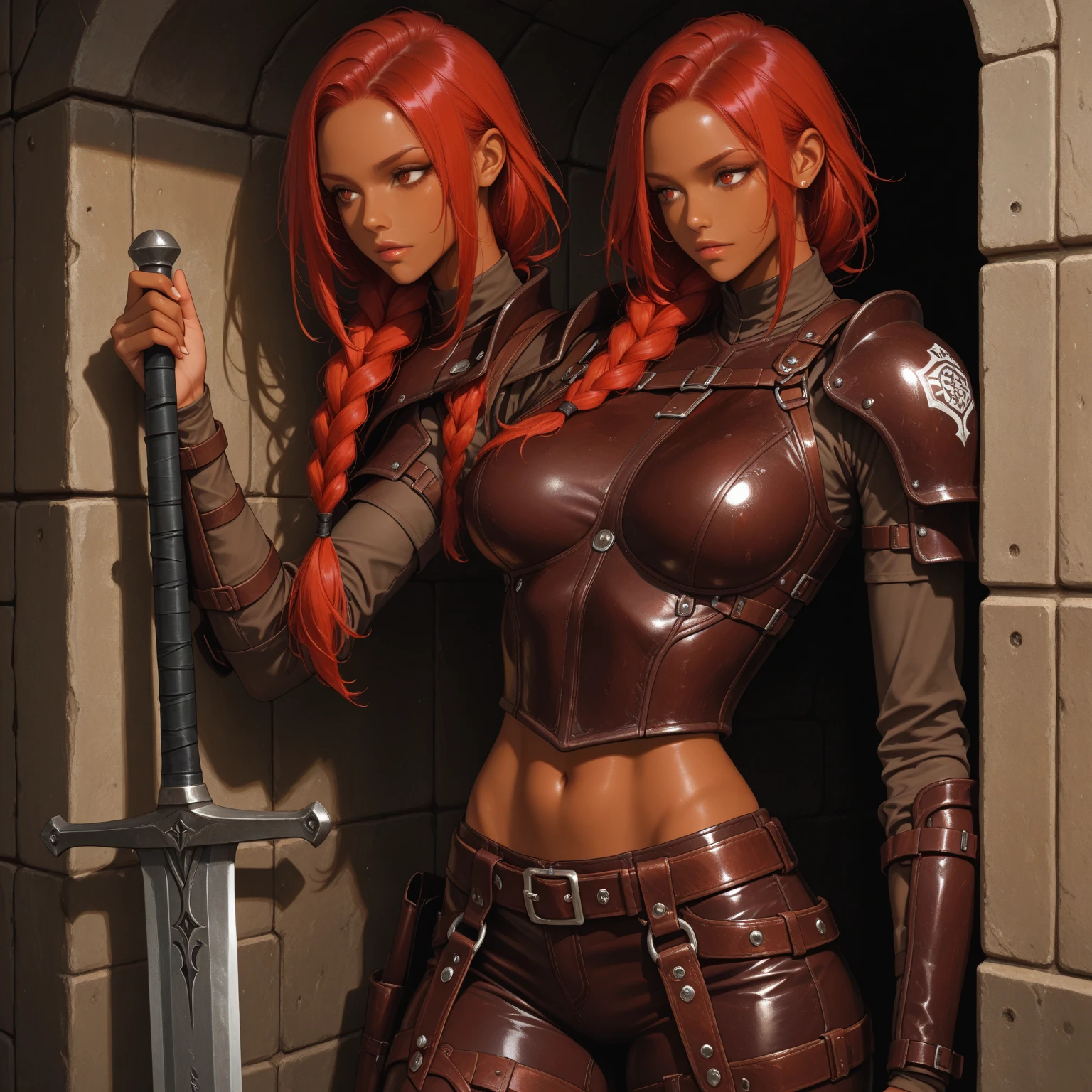 Best quality, A high resolution,A woman with sexy black clothes, big breasts, green eyes, long Red hair , big thighs, best quality, best resolution, detailed ,Normal body, well detailed, beautiful, standard, detailed, best quality ,Sexy clothes showing breasts ,holding a better quality sword,white clothes