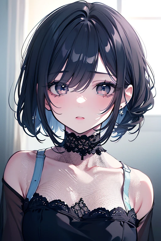 a woman with beautiful black hair, slim abdomen, detailed face and skin, large eyes, wearing a black tank top, (best quality,8k,masterpiece:1.3),full body,clear focus:1.2,excellent style:1.4,slender abs:1.2,(black hair,large:1.2),extremely detailed face and skin texture,intricate eyes