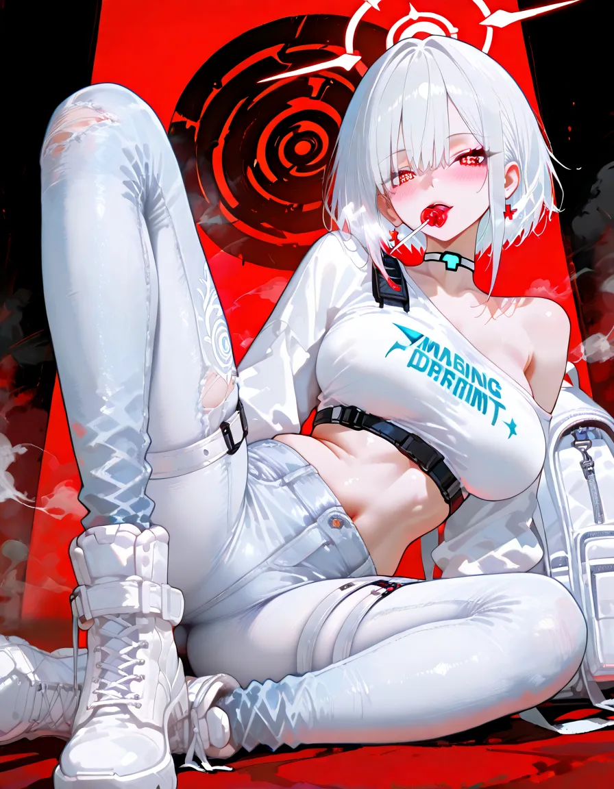 ((Highest quality)), ((masterpiece)), (Become familiar with),{{{{nsfw}}}}, 1 girl, alone, Silver Hair,Brown Skin,Red eyes,Long trousers,Red sleeveless,((Red Shirt)),Clothes with a visible back, thin,thin,short hair,Small breasts, Erect nipples, gloves, cyber punk,sf
