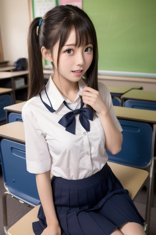 (highest quality,masterpiece:1.3,Ultra-high resolution),(Very detailed、Caustics) (Realistic:1.4, RAW shooting、)Ultra-Realistic Capture、Very detailed、Natural skin texture、masterpiece、(Japanese female student wearing high school sailor uniform:1.3)、Adorable expression、Expressions of happiness、14 years old、height: 148cm、Young Face、Amazingly cute、Twin tail hairstyle、Straight hair、Scrunchie、Black Hair、light makeup、Slightly large chest、Shining thighs、Shining ass、Filmed in a junior high school classroom、Background details、(Lift up your skirt:1.3)、Satin fabric panties are visible、smile、An inviting gaze、Anatomically correct、Side shot、Cowboy Shot、Attention to detail、Poses that accentuate the legs、