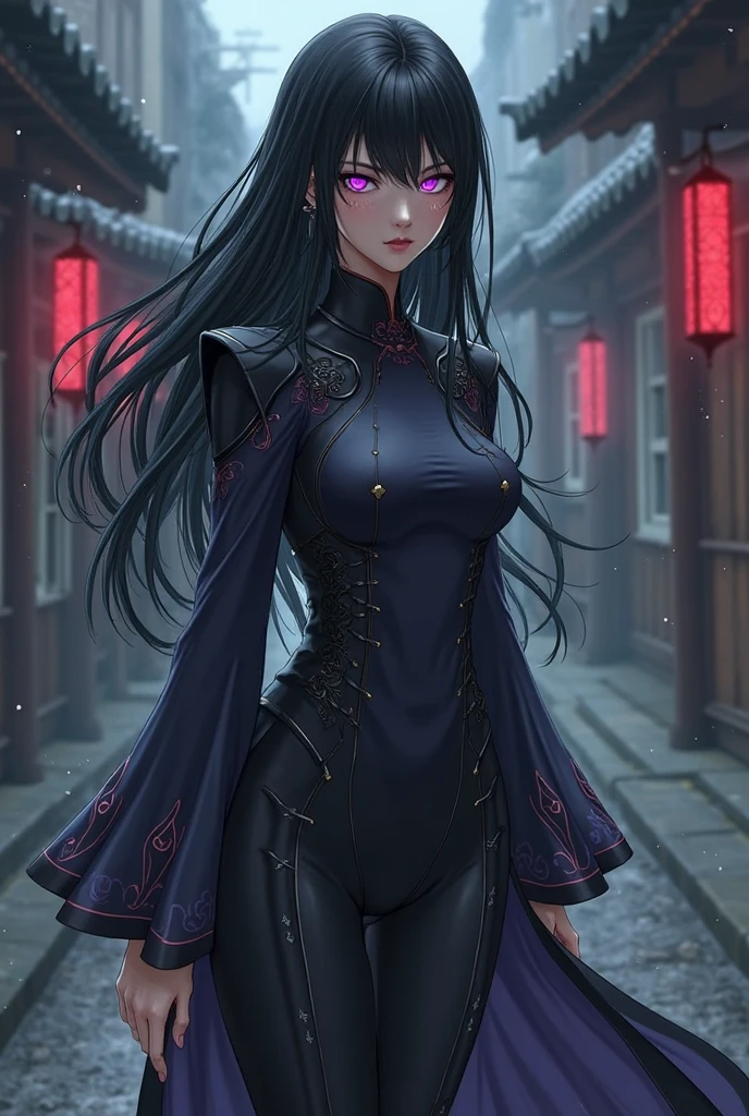 A Korean-Japanese female mage with long, straight black hair and pale skin. Her eyes are sharp and silver with faint black halo-like rings around the irises, glowing slightly. She wears a sleek, deep violet and black ???????? with subtle metallic silver accents. A rune-stitched, floating half-cloak flows behind her, defying gravity. She has silver fingerless gloves etched with a mix of Korean Hanja and Japanese Kanji. Three glowing sigil rings orbit one of her hands, and a small silver orb floats near her shoulder like a moon. She looks calm, distant, and powerful, standing in a dark, war-torn city street with gravity distortions bending the air around her.