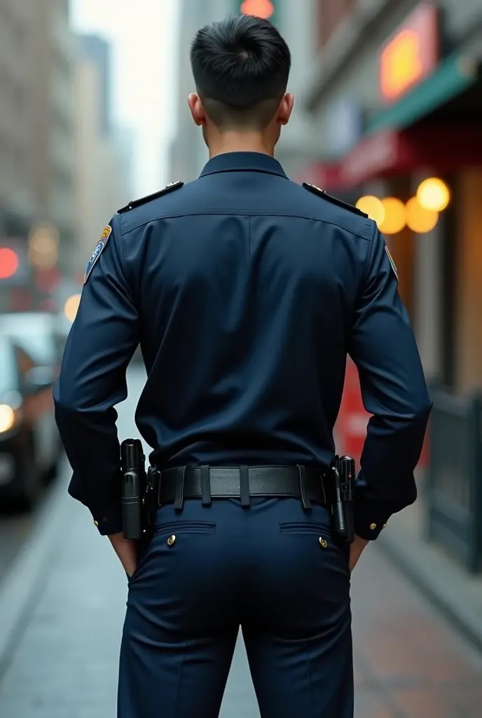 ((photo realistic)), (((one men only in the picture))), 30 years old mature muscular bulky sexy Japanese policemen Kenta in police Keisatsu uniform looking to the camera, short haired, back arched, he is wearing dark blue satin pants and white shirt (unrealistic super big tight butt), ((tight pants)), medium shot taken from behind, back - shot, rear-shot, ((Low angle)), on a busy street