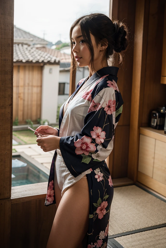 highest quality,ultra - detailed,T Masterpiece,hentai realism,photo rare,the lighting is bright,1 girl, Camera color temperature 3800k、very beautiful 17 year old girl, (cute:1.1),thin smile, (brown eyes),(dark brown hair),(By bangs),perfect shiny shiny skin,perfect skin,((erotic,sexy and sexually explicit)),((accurate pointer，No discomfort)), (((kimono))),thin waist, look at viewer,((Roll up your kimono to show your butt)),((big butt)),(Crawl on all fours with your crotch open),（The fingers are５Book、腕と足は左右一Book）、Japanese-style room with a raised terrace、Black string bread