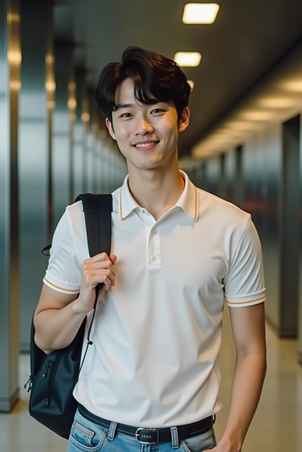 Korean man, Inspiration from Peng Yuyan, 23 years old, Korean muscular man ，The computer room is in the back, tight polo shirts., open mouth smile