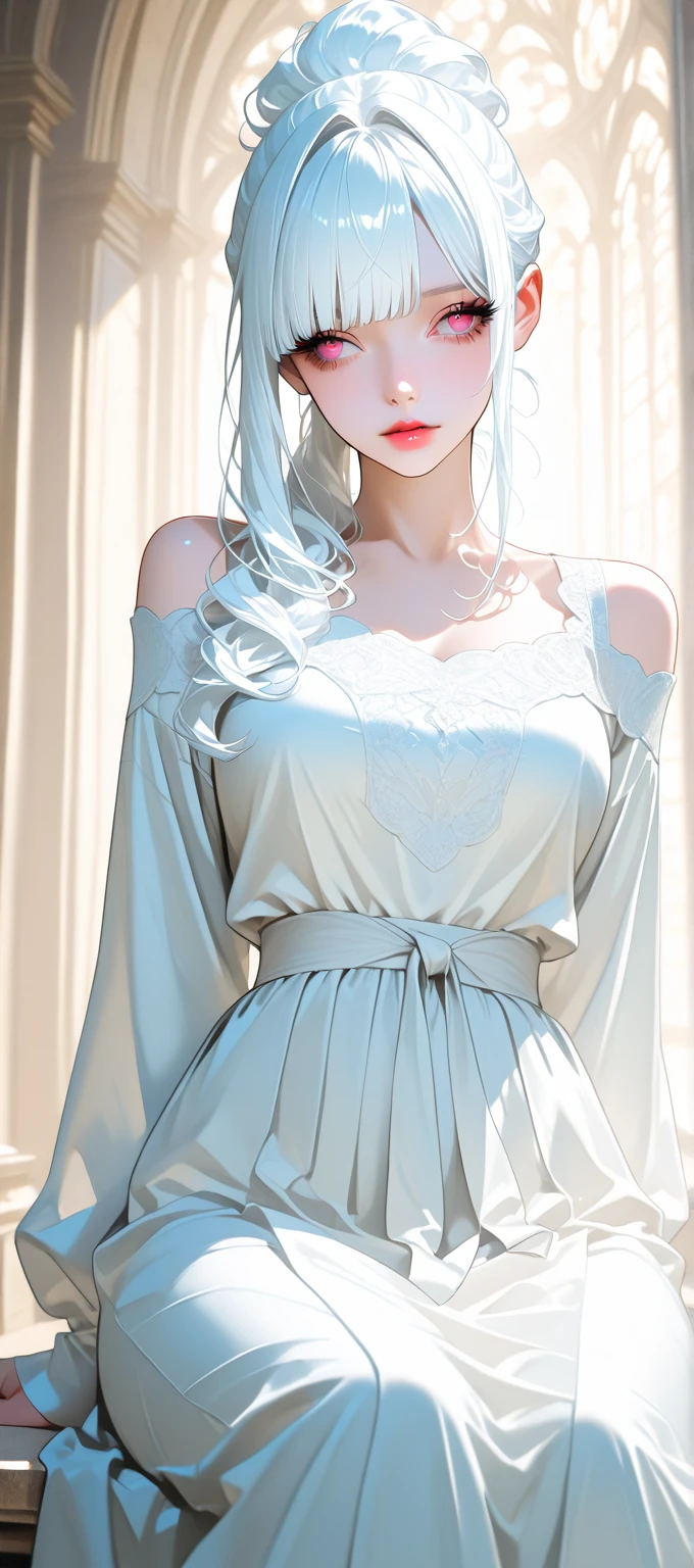 A girl with white hair and blue eyes is embarrassed by beautiful clothes