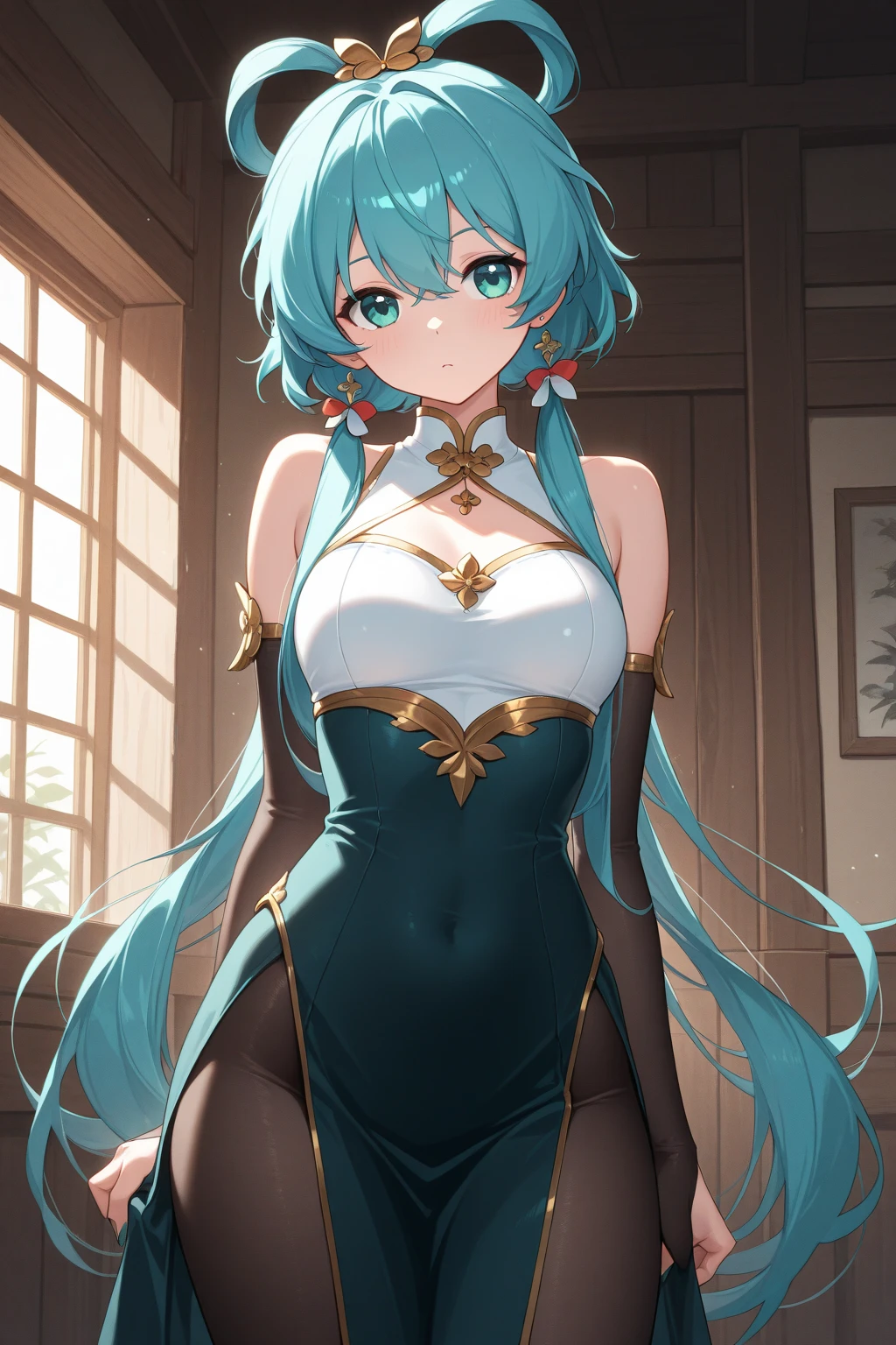 ((best quality)), (Ultra Detailed), ((Extremely detailed)), (fair), ((Kawaii girl)), ((Ultra HD)), (masterpiece), (high quality), (best quality), (4K), (high quality), 1, Solo Girl, 1 Girl, , Parted bangs, ((Hair intake)), Long hair, (Random Hairstyle), Larger breasts, slim body, Siamese cheongsam, (Very little cloth) Showing underwear shy