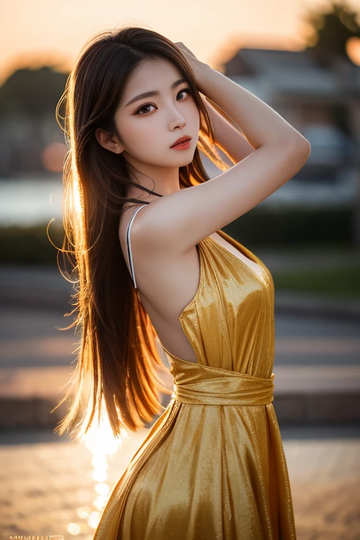(Transcendent beauty:1.2), modeled, 25-years old, kawaii faces, The best smile, Gravure photos for fashion magazines, ​masterpiece, top-quality, winning artwork, ((hight resolution)), ((the Extremely Detailed CG Unity 8K Wallpapers)), Great skin, (Random Hair Styles), Perfect body line, Slender body, Clothes of prestigious brands, Autumn outfit, Classy and fashionable atmosphere, captivating and enticing, Sexy Girl, Stand against the backdrop of the city skyline, Autumn glow