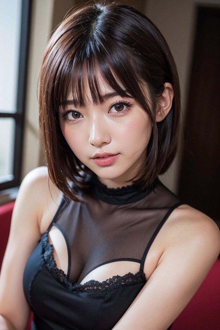 close-up,(photorealistic:1.4),best quality,realistic, masterpiece, an extremely delicate and beautiful, CG,extremely detailed ,highres, extremely detailed,depth of field, 1girl, tifa_lockhart,beautiful detailed girl,upper body, realistic,suspender_skirt, tank_top, taut_shirt, black_hair, long_hair, beautiful detailed red eyes, light on face,saika1