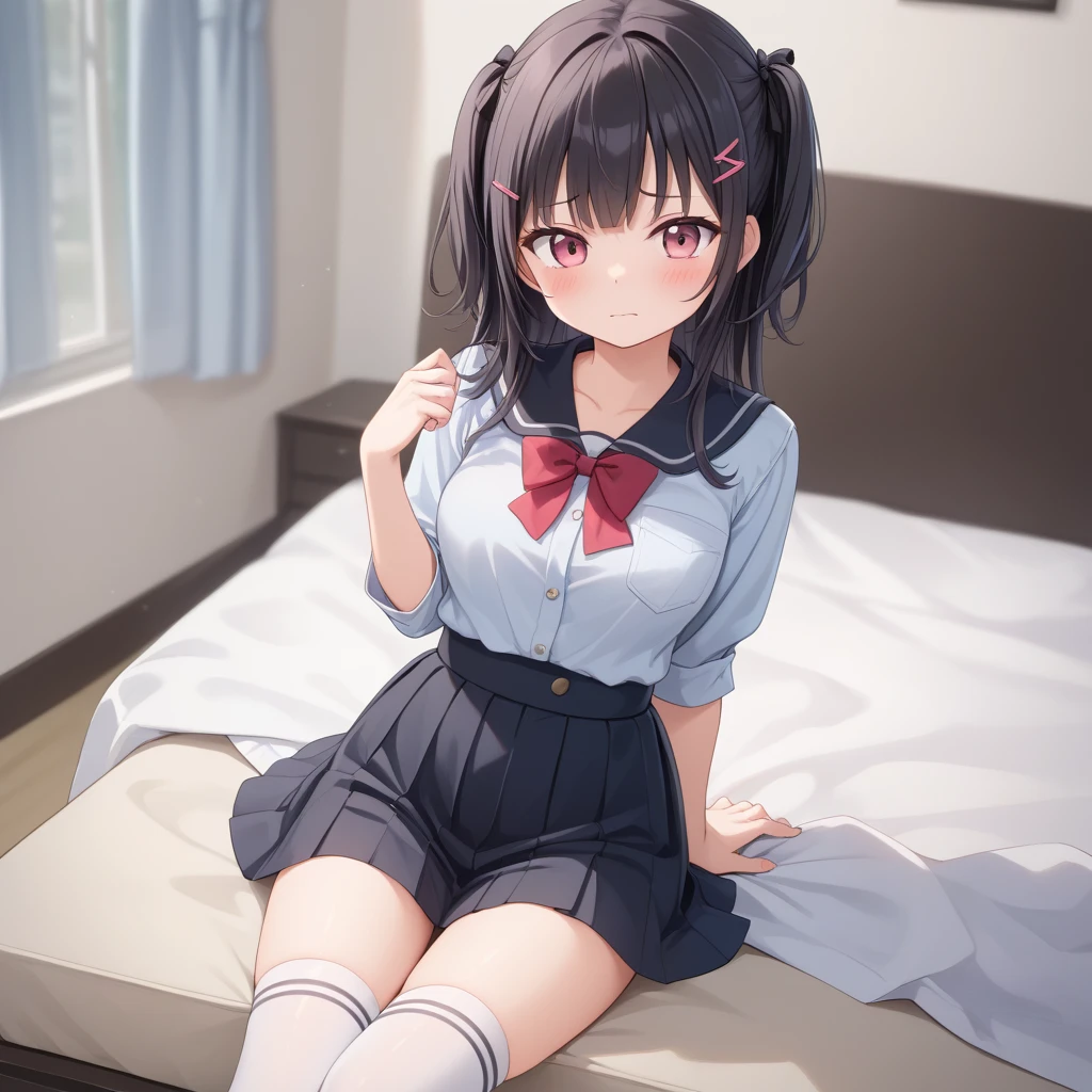 1girl, solo,(best quality),(masterpiece:1.1), white shirt, full body, looking_at_viewer, dynamic angle, neck_ribbon, cute, clear facial skin,