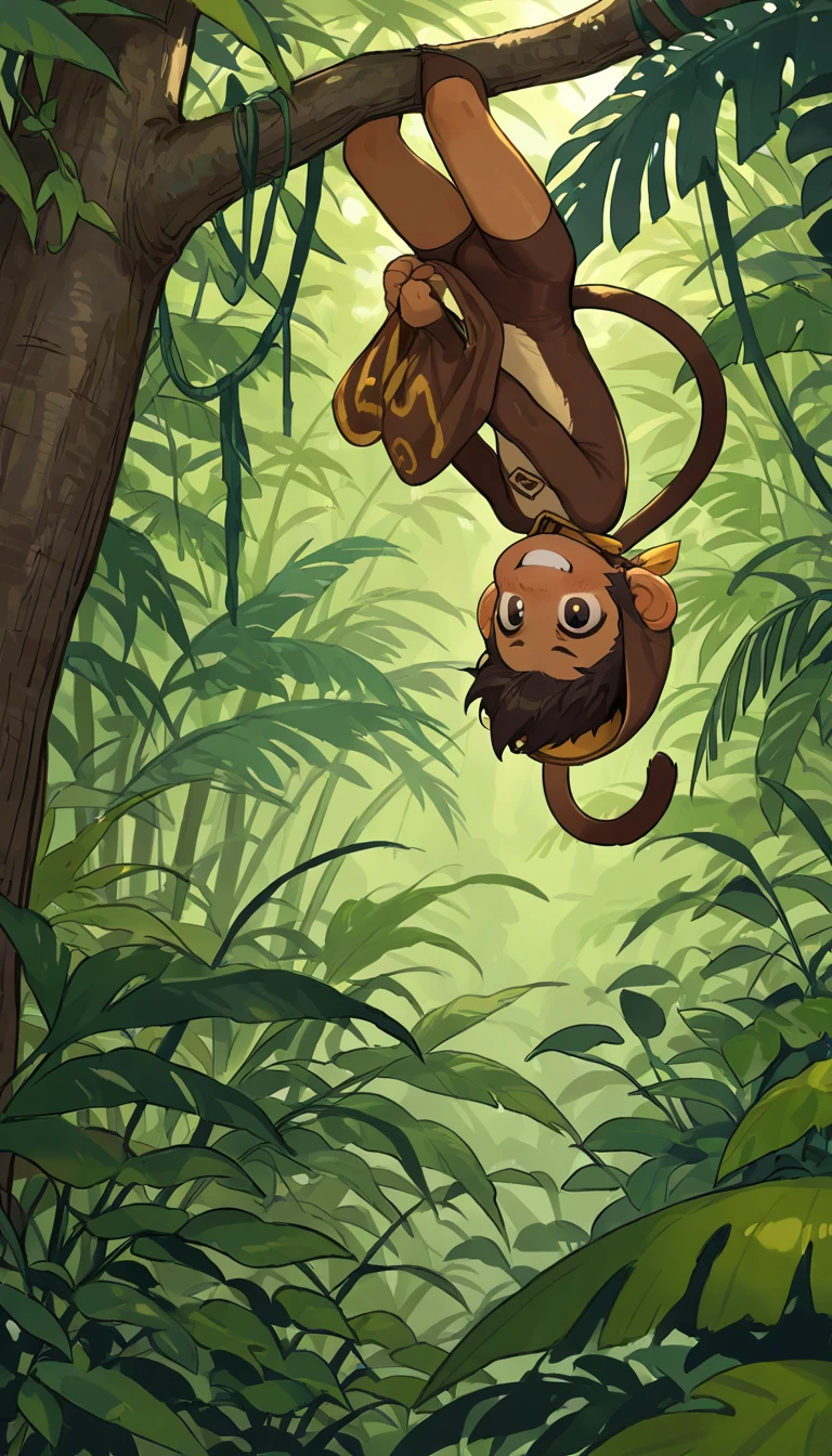 cartoon monkey hanging from a tree branch in a jungle, apes hanging from vines, animated movie still, monkey, cyber monkey in the scifi forest, chimpanzee, animated film still, animation still, subject= chimp, animated movie scene, animated still, animation film still, clever monkey with a long knife, disney 2d animation still, bored ape nft