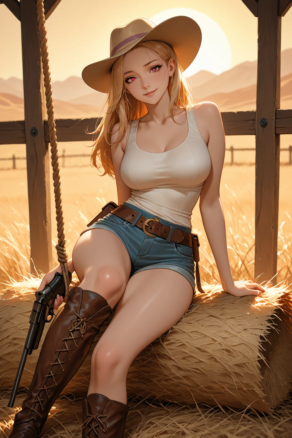 (((1 person:2.0))),(((Cowgirl Costume))),(((Slender body:1.2))),(((Small Ass:1.2))),(((Denim mini skirt))),(((Wear a western hat))),(((Wear one leather belt))),(((He is wearing a sleeveless shirt, Plaid, front tie shirt.))),(((wearing a watch))),(((short boots))),(((Showing cleavage))),(((Showing your belly button))),(((Exposing thighs))),(((Small breasts:1.5))),(((Bare arms))),(((Her hair is blonde))),, Beautiful detailed girl, Very detailed目と顔, 緻密でBeautiful Eyes, Very detailed, High resolution, highest quality, masterpiece, Very detailed, 8k wallpaper, wonderful, finely, highest quality, The light shines on your face,(Dark underground bar),((Drunk on whiskey:1.0)),Beautiful Eyes,(((Captivating look:1.4))),Cowboy Shot