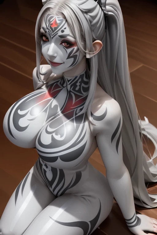 anime girl with big boos and big breasts posing for a picture, biomechanical oppai, white haired deity, blue scales covering her chest, sfw version, shalltear from overlord, v from devil may cry as an elf, evil godess, anime monster girl, with blue skin, pixiv 3dcg,