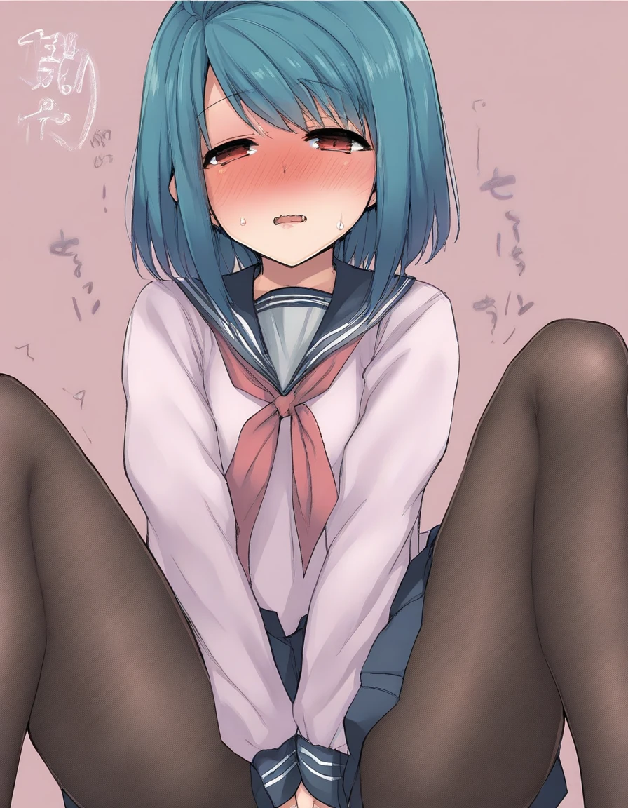 super detailed,masterpiece, highest quality,figure,sailor suit,slanted eyes,straight hair,green hair,side part,super dense skin,beautiful and fine eyes,short sleeve shirt,green eyes,(medium breasts:1.1), (A raised and well-defined bust:1.1), (lifted chest:1.2), (perky chest :1.1),high School girl,please sit down,high socks,loafers,School,blush,BREAK catch light eyes,night forest 