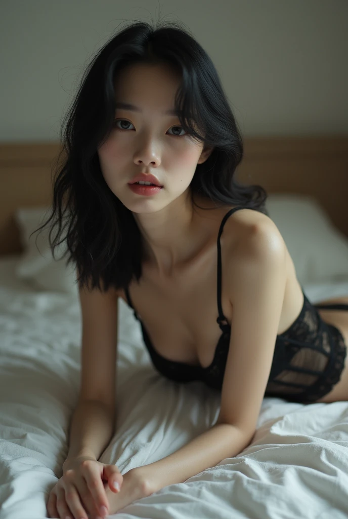 Oiled up Japanese woman, 25 years old, BDSM bondage lingerie costume, crotchless fishnet pantyhose, garter belt, platform heels, faintly scented pheromone, sitting with legs tied apart to bed posts, from above, tied to bed