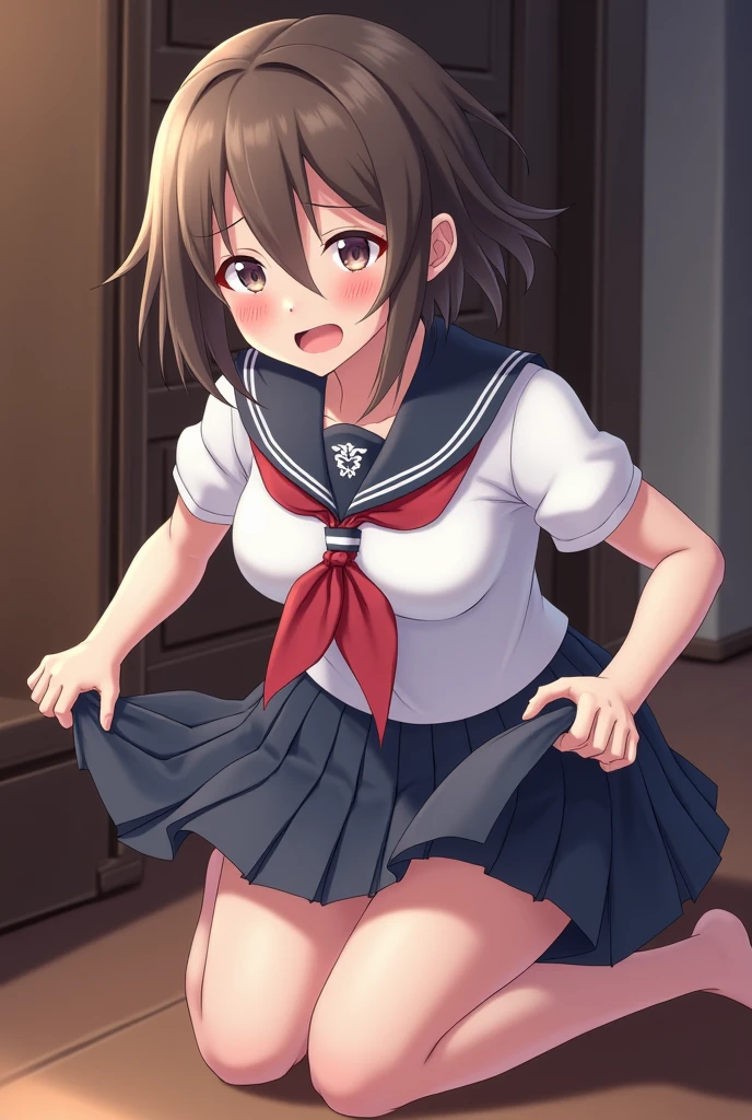 ((high quality)), ((masterpiece)), 8k, Peeing self, Have to pee, Anime, looking at camera, embarrassed, blush, pee stain, pee stain on skirt, peeing, yellow pee, tears, crying, out of breath, sweating, blue eyes, brown hair, one girl