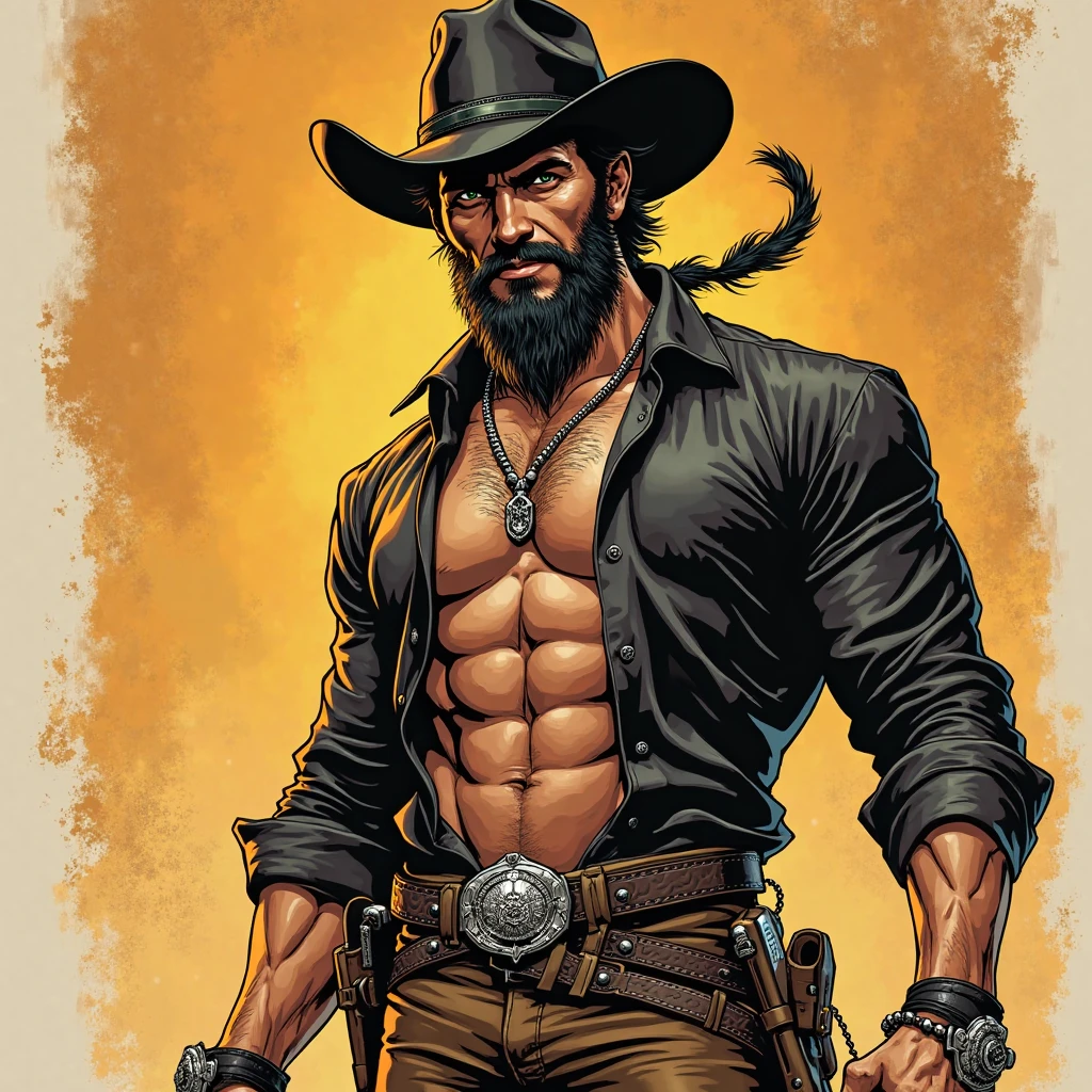 sexy pirate. Male Man, muscular, Nude. pirate hat, pistol, leaning back on a wooden post.Full body pose. he looks longingly, has a short trimmed beard. Graphic style of Roman comics, 2d, 8K, hyper realism, masterpiece, high resolution, best quality, Ultra-detail, super realistic, Hyperrealistic art, good quality, ultrahigh resolution, highest level of detail, lot of details, extremely high resolution details, incredibly lifelike, soft cinematic light, best quality:1.0,hyper-realistic:1.0,photorealestic:1.0,Wahnsinnig detailliertes CG Unity 8K-Hintergrundbild:1.0,masterpiece:1.3,Madly detailed photo:1.2, hyper-realistice, lifelike texture:1.4, Picture book:1.0,8K, headquarters,best quality:1.0,