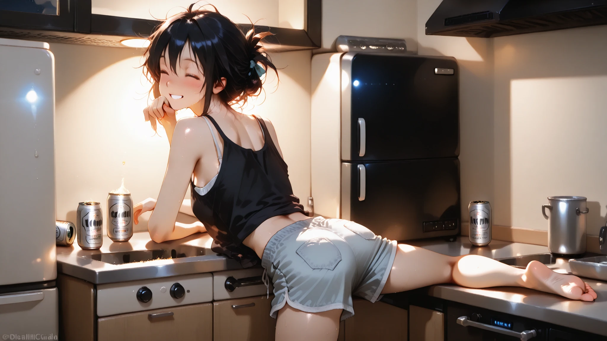 anime girl in underwear kneeling down in front of a refrigerator, the anime girl is crouching, beautiful anime girl squatting, touching her clothes, seductive anime girl, (sfw) safe for work, noire moody scene, fine details. girls frontline, revealing clothes, biomechanical oppai, from girls frontline, ilya kuvshinov. 4 k