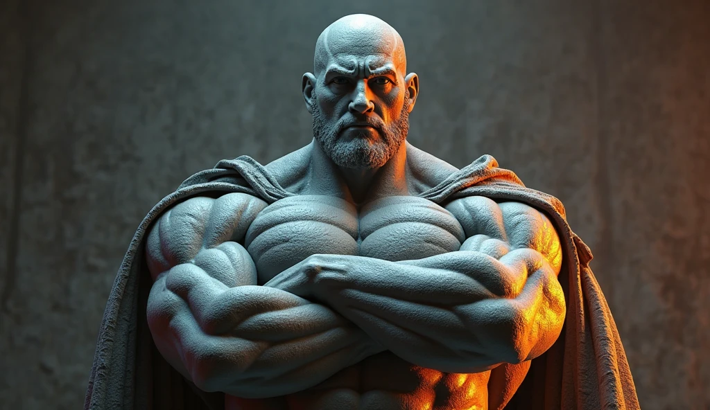 Very strong stoic statue with very big muscles, showing discipline, serious expression, and pointing his hand to the side and using his finger with his arm straight, the statue is shown in the entire image -- 4K