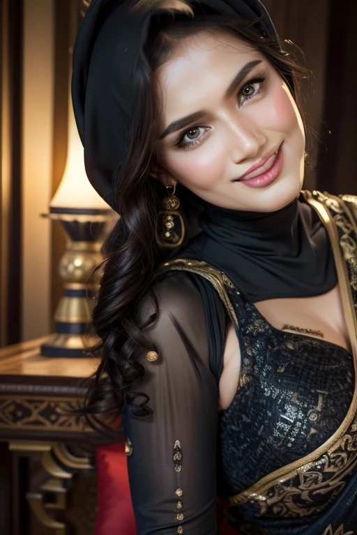 RAW, Best quality, high resolution, masterpiece: 1.3), beautiful latina teen queen in hijab showing cleavage in sexy bellydancer highslit,Masterpiece, Soft smile, choker, (momo:0.8)