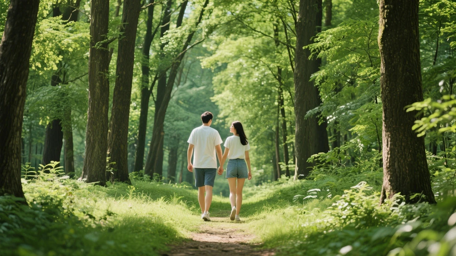 A couple walking through the woods holding hands Japanese anime style