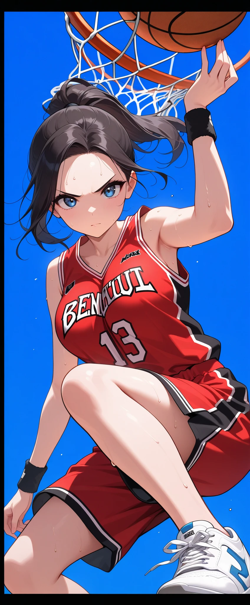 masterpiece, Highest quality, Pixiv, Cool girl, The best sports girl, basketball, Popular characters, Baseball cap, Stylish sunglasses, Cute bra and panties, Dark brown hair, Curly Hair, Blunt bangs, Straight bangs, Colored contact lenses eyes, Gal, Improve、Heavy Large 、