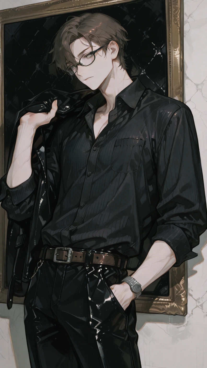 GU&#39;s easy care sheer oversized（black、Long sleeve）Male idol wearing（High nose、Medieval、Skinny、髪型はblack髪マッシュ、１５age、With tear troughs、The eyes are double）。 Never wear a breast pocket。 Add a necklace or ring、Please coordinate it stylishly。Please put on the collar。