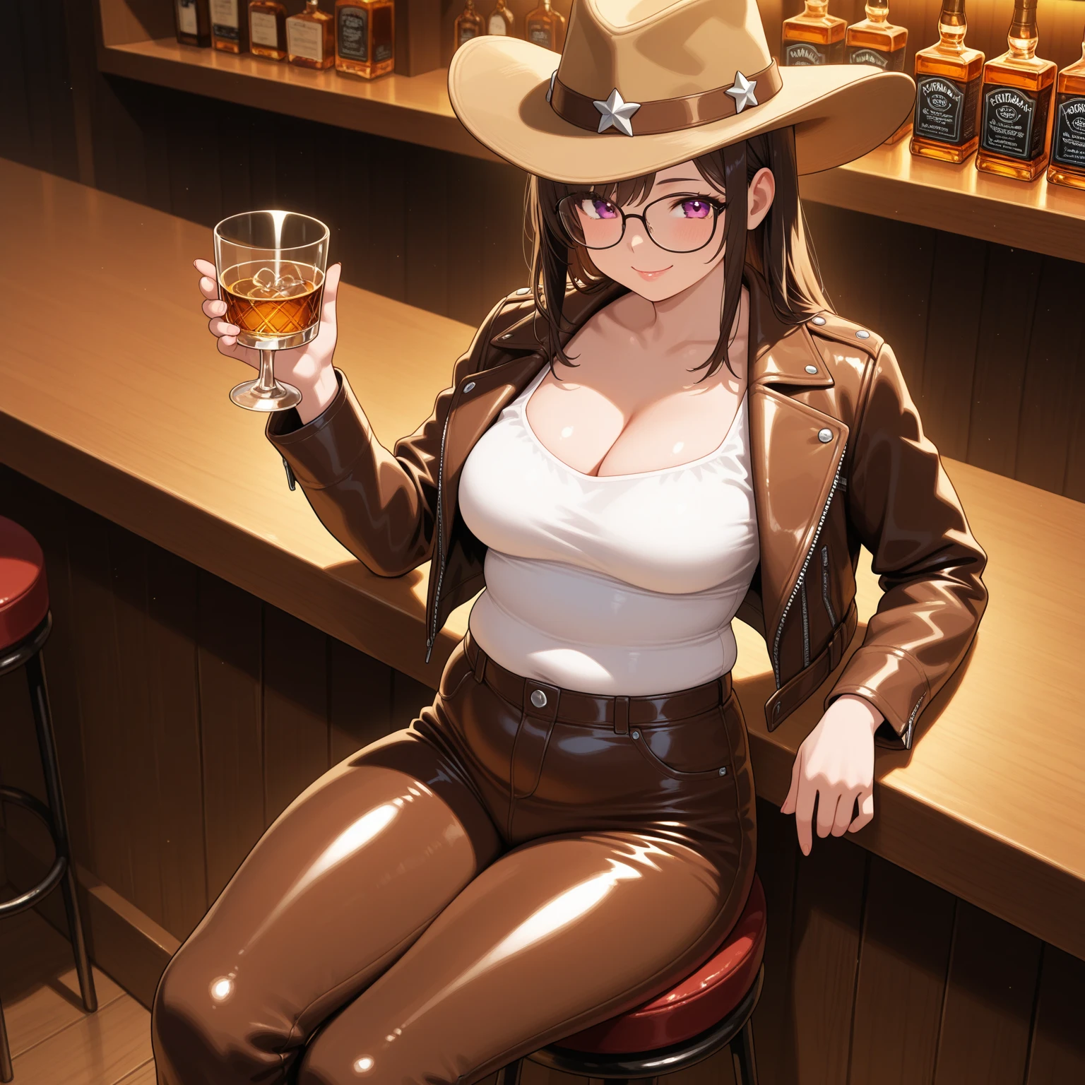 NSFW,NUDE,Woman with long black hair, blue eyes, An athletic body, (watch),(Brown holster belt with square buckle), (Brown western boots),Stand up straight,Blushed face,Strong drunk,Hiccups,beer bottle,In front of a wooden wall,Front view,Full body shot,16K, Highest quality, masterpiece, Realistic, Ultra detailed face