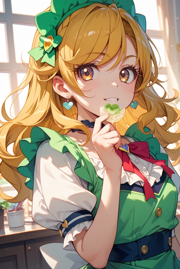 A pineapple GIRL cat with slices for ears, matching her heart-shaped glasses. She has an excited expression and one eye is shut. She wears a fuchsia bow and her hair extension is green to resemble the leaf of a Pineapple. SPARKLE; GLITTER