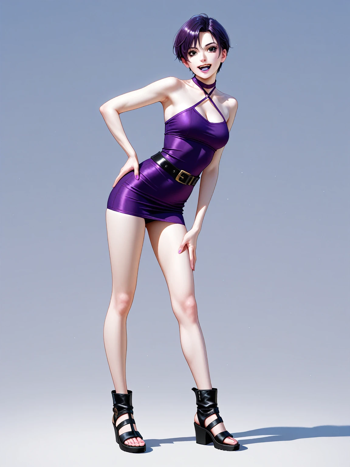 (1solofemale full body with knockers covered standing straight symmetrical, hands on hips) (smile purple makeup) grayscale skin, pale golden hair and violet eyes. She prefer clothing of white and silver with cloaks of deep blue or purple, blue or purple background (Masterpiece, highres, 4k, very precise detailed)