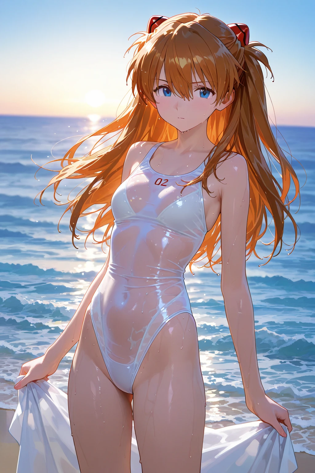 (Highest quality, 8k, 32K, masterpiece, Ultra-high resolution,:1.2),born, One girl,Super cute , Natural light,Clear, shining eyes, 20-year-old ,Fair skin, Orange hair, Long Hair, Bold Swimsuit, Nature, Long Hair