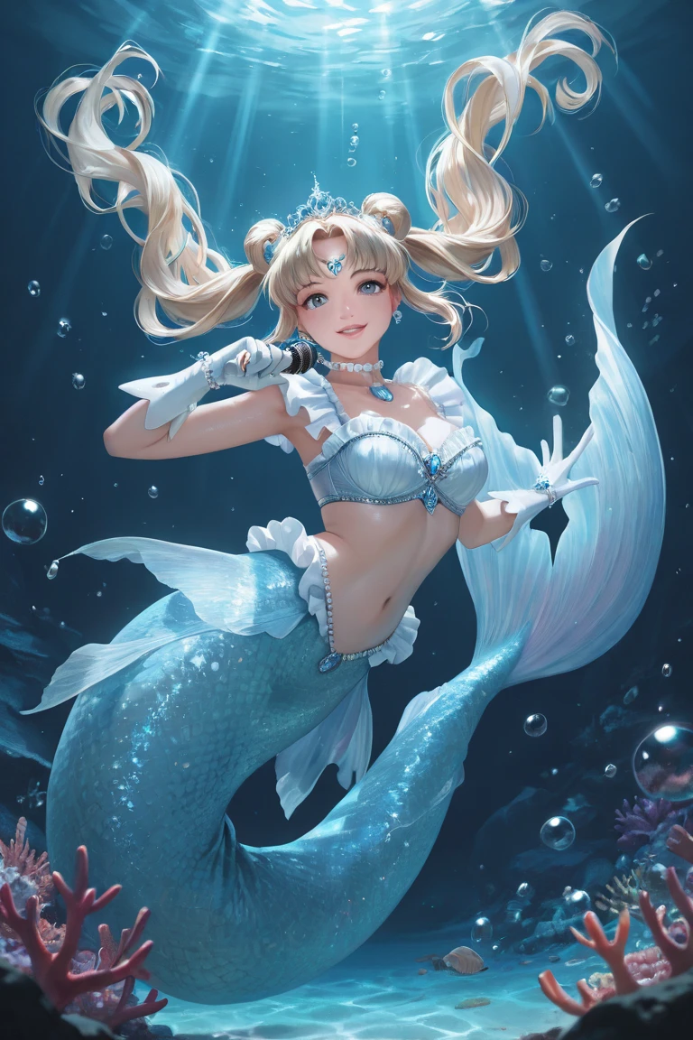 ((masterpiece,best quality,ultra-delicate,Perfect Face,16k,high resolution,very beautiful girl)),gold Long hair,mermaid,blue scales,large breasts,Seashell bra,Princess Tiara,Pearl decoration,jewel decorations,Undersea background,under the water,smile