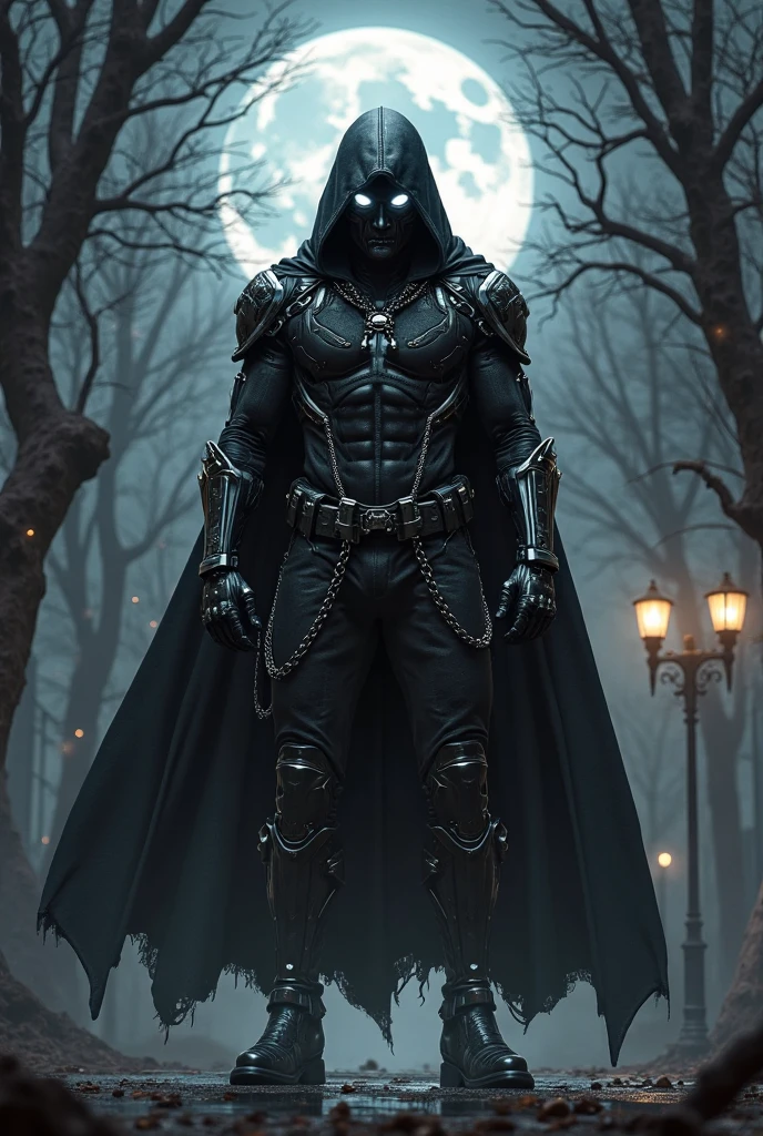 Surreal landscape with a lunar glow, featuring a faceless hooded silhouette, The silhouette is enhanced with glowing glyphs and symbols, emphasized by the character's large hood and long claws, glowing mask, masculine frame, fully clothed, shrouded, darkness, cultist