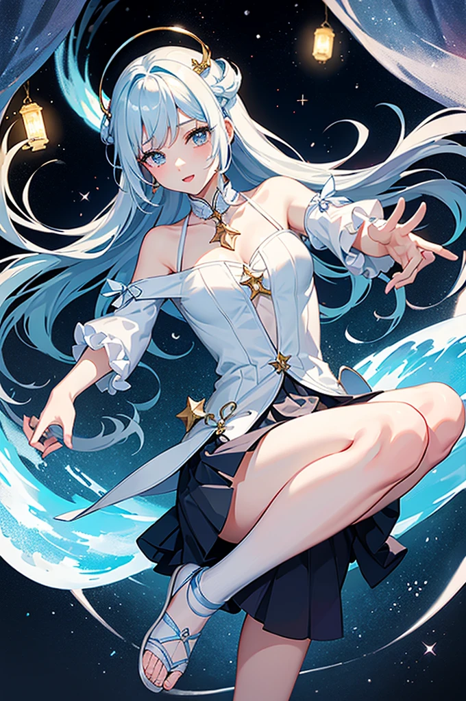 (highres, best quality:1.2), radiance, soft contours, beautiful drawing, masterpiece, best quality, highres, sidelocks, silver hairband, hair ornament, silver eyes, silver earring,, choker, bare shoulders, white dress, two-sided dress, fingerless gloves, thigh boots, cowboy shot, standing, blue field, from side, white feathers