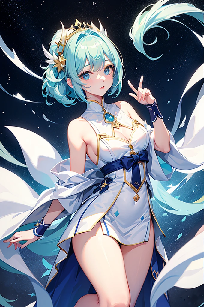nsfw,(space action style), (Muted Tone), Delicate, Detail, Masterpiece,(colorful)illustration,(colorful)light particles, lens flare, women with smile, sideboob,shoulders,cleavage,sideless,thighs, Cowboy shot, close-up,from above, dynamic angle, dynamic pose, Artistic, memorable masterpieces, moments in history,(fantastical and mesmerizing scenery) Watercolor:1.6, Delicate, Detail, (masterpiece:1.2),(best quality:1.2),newest,intricate details, fox ears, ear hair