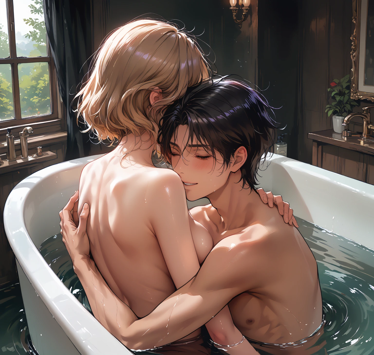 score_9, score_8_up, score_7_up, score_6_up, source_anime, masterpiece, best quality, very aesthetic, uncensored, 1girl, 1boy, (kissing), cute face, round breasts, small breasts, soaking in the bathtub, seductive, voluptuous, short hair, brown hair, pubic hair, excessive hairy pussy, sex, pussy juice, moaning, penis in pussy, (hand touch breast:1.4), bathroom, window