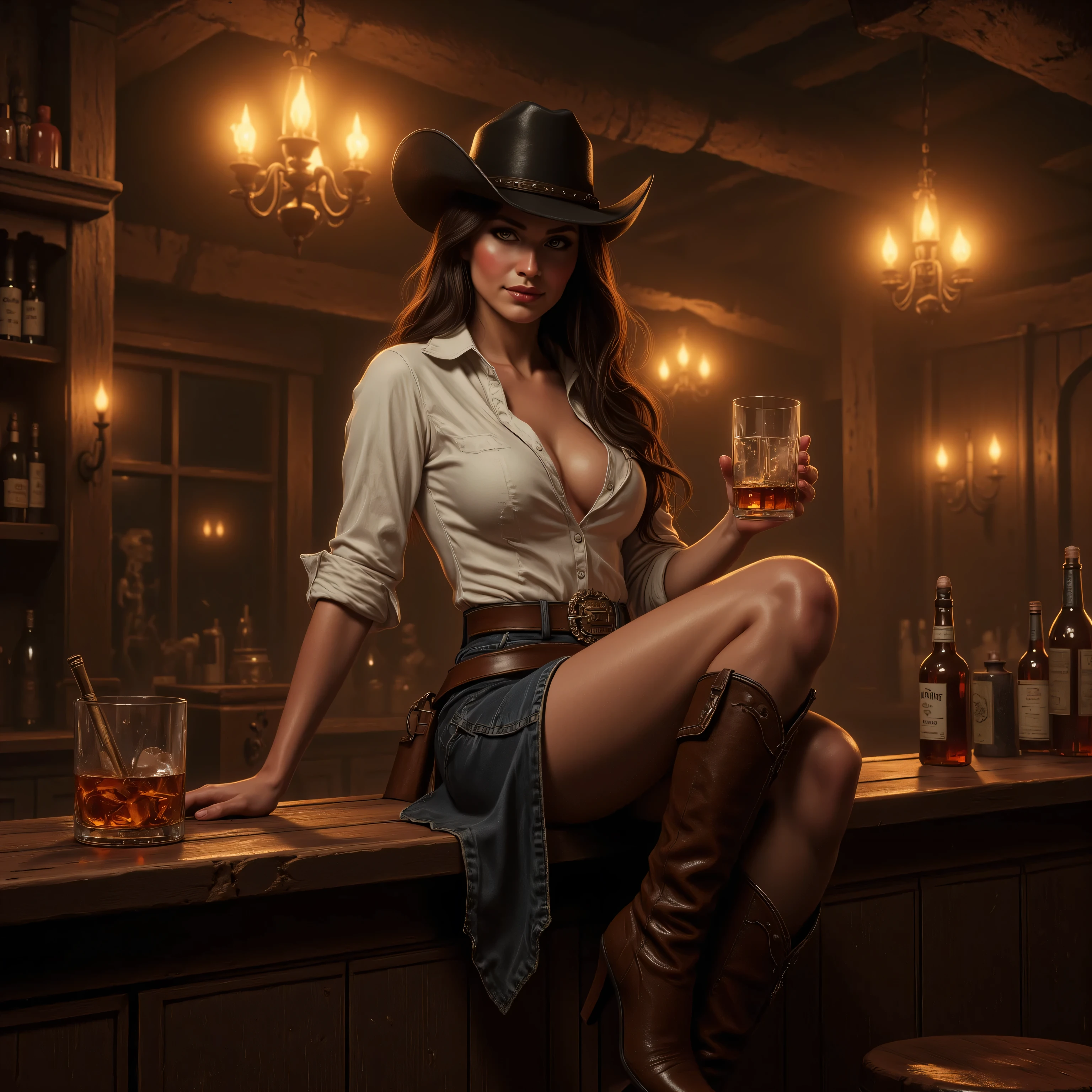 there are three women in a bar with a man in a hat, saturday night in a saloon, cyberpunk wild west, playing poker in a saloon, red dead redemption art style, western saloon theme, oldwest, inspired by Tom Lovell, in the old west, old west, james gurney painting style, michael cheval (unreal engine, by Elena Guro