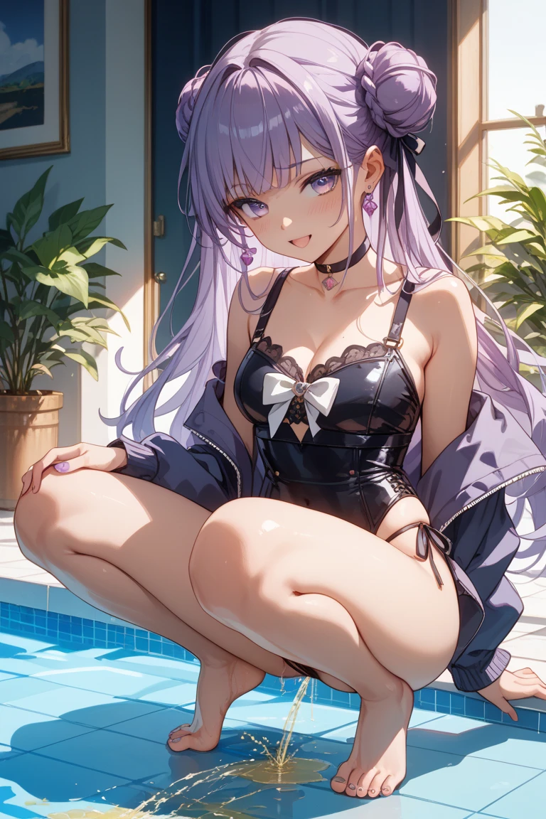 a drawing of a young woman posing in a swimsuit with goggles, 1girl, swimsuit, solo, one-piece swimsuit, purple eyes, breasts, yukine chris, pool, competition swimsuit, large breasts
