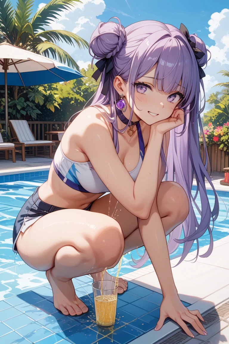 1 beauty, Slightly tanned girl,Very light purple eyeshadow,Traces of swimwear, Watery Big Eyes,Beautiful constriction,(Flustered expression)，embarrassed from, long eyelasher,Blushlush, in poolside, Wet whole body, ((Bikini swimwear)),(Anti-Bull Bra Shoulder Straps),(Remove your bra and go topless:1.2)), (dishevled hair:1.2),bustshot,((Hide your eyes with your hands)),Dynamic Angle Zoom