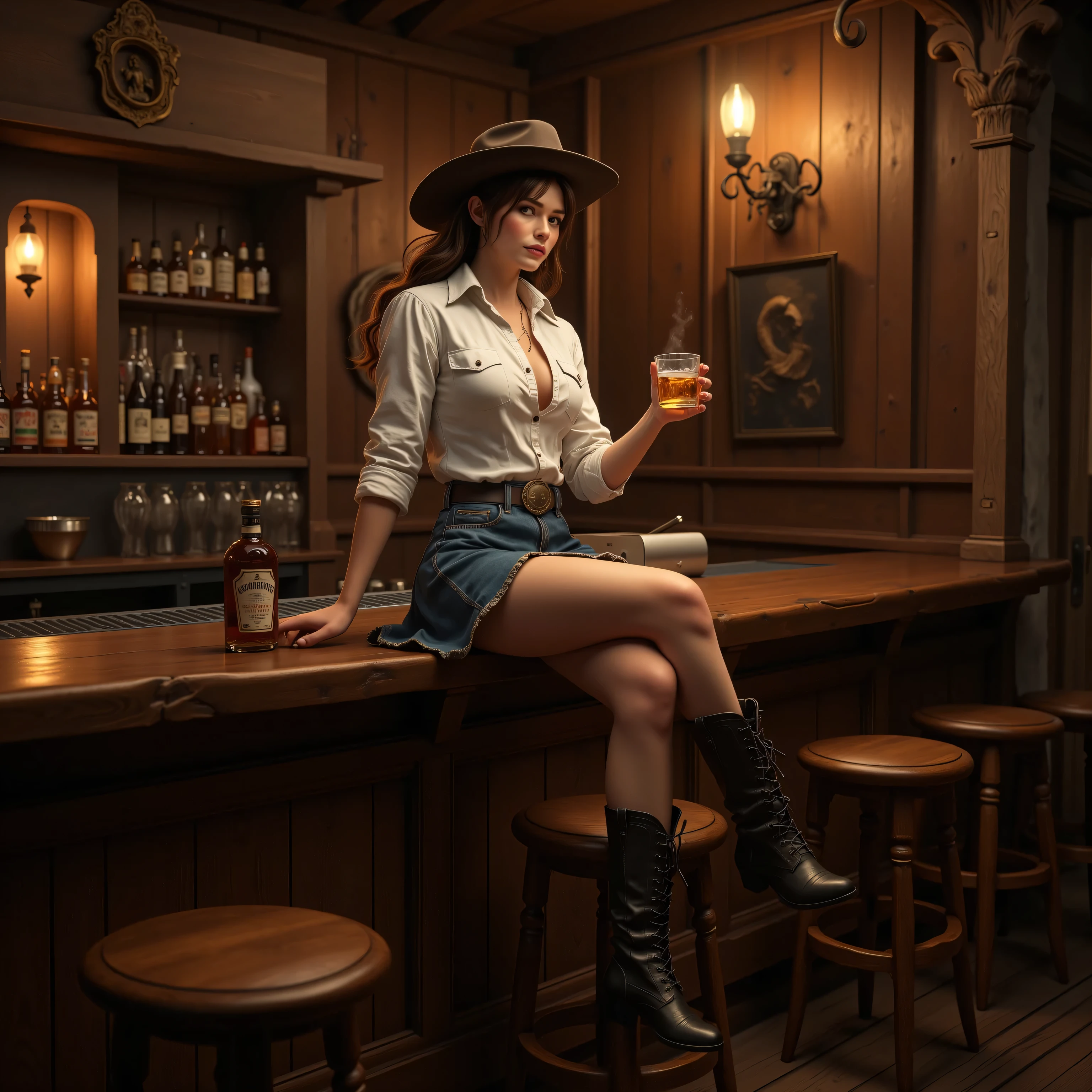Short-haired female cowboy in a western saloon,blonde,Sitting,Smoking Pipes,table Wisky,piano,6-shot revolver,Barrel,table,Trump,Dust,artwork,3d,4K,detailed,Realistic