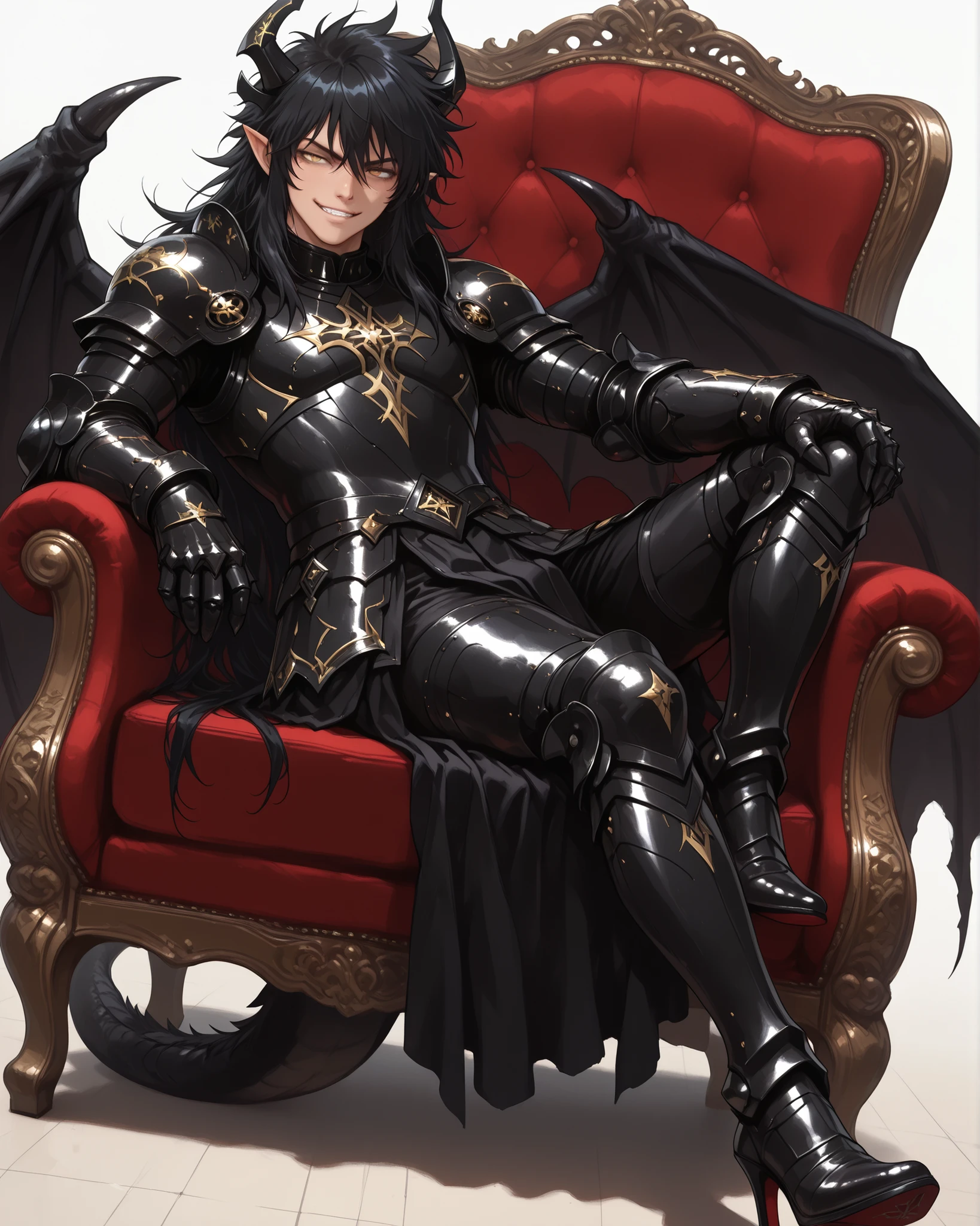 score_9, score_8_up, score_7_up, absurdres, (((128K Ultra High Resolution))), (masterpiece, best quality: 1. 5), (high definition: 1, 4), highres, 8K wallpaper, (excellent graphics: 1. 5), CG, (((Japanese Anime style))), (Black Saint Seiya), (1 male), solo, ((lean body, masculine)), weredragon, glossy black, shiny black leather, ((beautiful golden eyes, finely detailed eyes, bright eyes, slit pupils)), hair between eyes, black hair, long hair, sideburns, wild hair, (sly grin, sinister grin, smirk), teeth, confident, (((ultra detailed face))), shiny skin, long pointy ears, twisted torso, long-legged, sculpted face, wasp waist, dragon horn, dragon tail, dragon wings, dragon sharp claws, (black armor with a lot of grandiose decorations: 1. 5), half dragon half human, (sit cross-legged, closed legs, sit sideways, luxury carved red plush velvet chair: 1. 5), (dramatic angle, dynamic pose: 1. 5), (ultra detailed black armor, well-polished black armor: 1. 5), (gold-adorned armor: 1. 5), all black outfit, full body, emphasize face, sharp focus, good-looking man, (best illustration, highly detailed artwork: 1. 5), (cinematic), dramatic lighting, (intricate detail, extreme detailed, super detailed: 1. 5), (stark contrast, heavy shadows: 1. 3), detailed black decorations, beautiful & aesthetic, photoreal, (from side), (mysteriously crafted black metal armor: 1. 5), thick & luxuriant hair, (ultra detailed fantasy black armor, wonderful black armor: 1. 5), (realistic metal texture), broad shoulder, true-to-life visuals, artistically refined, (extremely delicate & beautiful armor, elaborate armor details: 1. 5), (giant black armor, dark armor, stylized armor: 1, 5), (((armor-type high heels))), (extremely detailed armor with intricate engravings, intricate armor with gold ornaments: 1. 5), ((very gorgeous and dazzling)), (dark fantasy black knight: 1. 5), slim waistlines, wide chested, sinewy body, (Hyper Detailed & Perfectly Designed Black Armor: 1. 5), (simple white background)