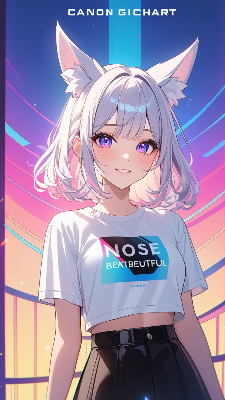 (best quality, masterpiece), 1 girl, centaur, It takes, White skin, Korean , black pink,Smiling, exposing the abdomen, belly button t-shirt , 아름다운 소녀 perfect white tiger photo, perfect white tiger photo
