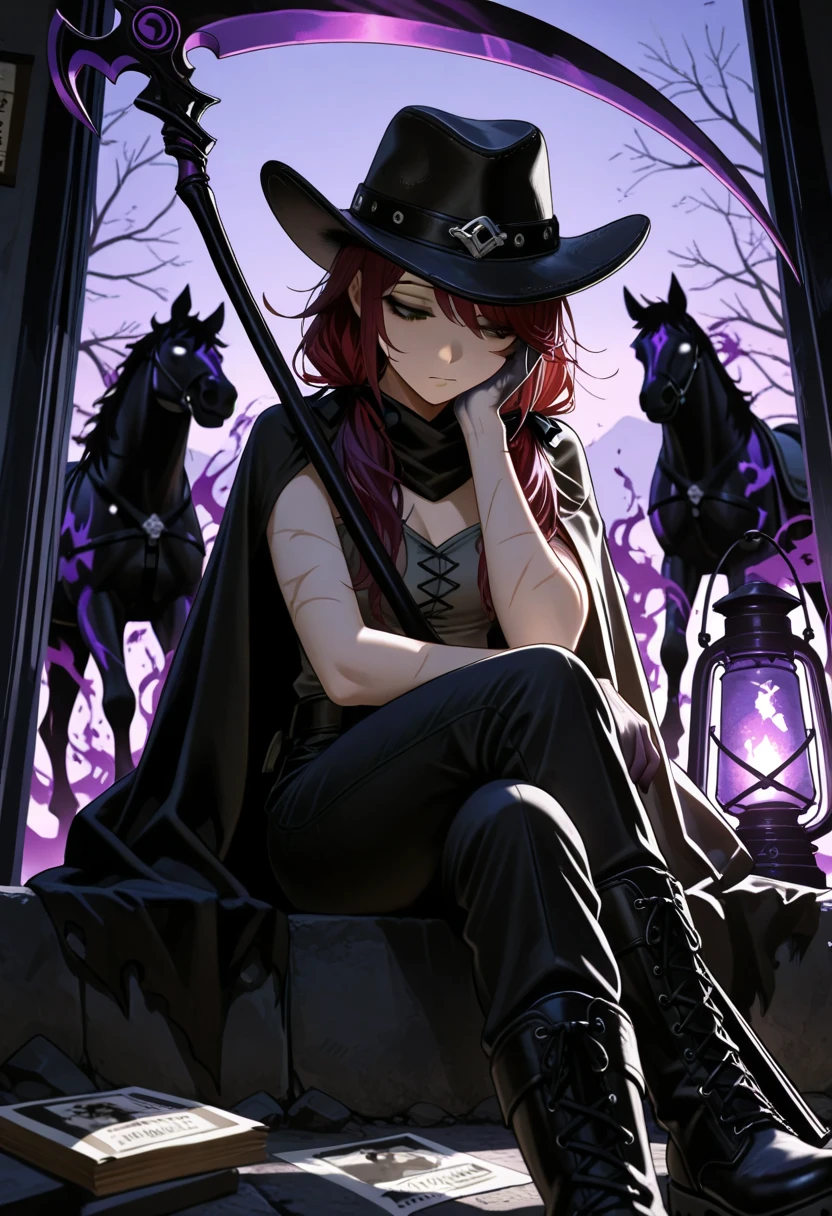 masterpiece, best quality, dusk,character: a girl with messy hair, sitting, looking down, legs crossed, holding wanted poster, black cowboy hat, dark red hair, dark purple highlights, scar, dark shadows on hands, long hair, low twin tails, swept bangs, gray eyes,lifeless eyes, shadows over eyes, tired, portrait, long swept bangs, black cowboy hat, strapless sleeveless shirt, gray shirt, hair ribbons, black trousers, black cloak, tattered cloak, dusk, black combat boots, spurred boots, dark purple horse, shadowy horse, dark purple splash effect, lantern attached to scythe, pale green glow, glowing lantern, holding scythe, black scythe with glowing dark purple edge,, dusk, shadowy aura, dark aura