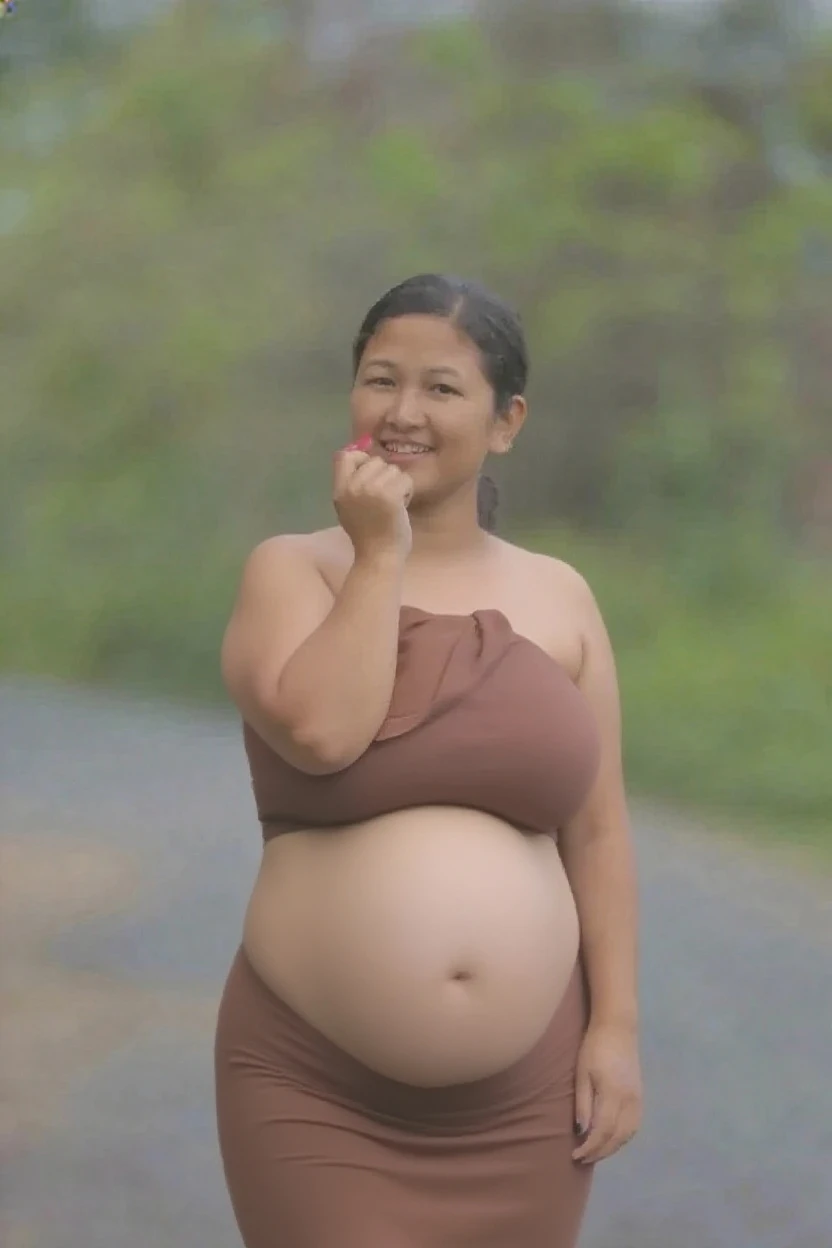 Extremely Hyperpregnant Thai woman with huge belly wearing a dress