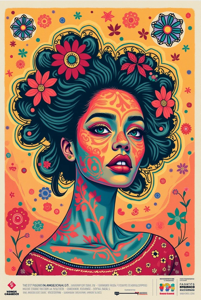 wooditize an alien, in hippie clothing, 60s fashion, mandala, drugs, smoke, flowers, cartoon, big black eyes, big head