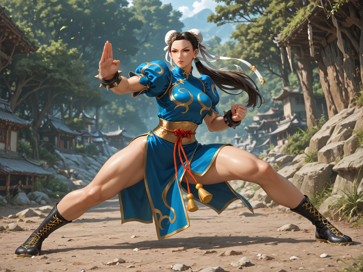 Create a hyperrealistic masterpiece of Chun-Li, the iconic character from the second Street Fighter game. Capture her dynamic fighting stance and powerful kicks with exquisite detail. The image should be in high definition (HD) and rendered in stunning 8K resolution, showcasing every intricate feature and texture. Pay special attention to the fine details of Chun-Li's costume, including her traditional qipao dress and signature ox horn hairstyle. Utilize dramatic lighting to enhance the intensity of the scene, emphasizing her strength and determination. This photo prompt aims to immortalize Chun-Li as a true work of art, showcasing her beauty, grace, and martial arts prowess. --auto