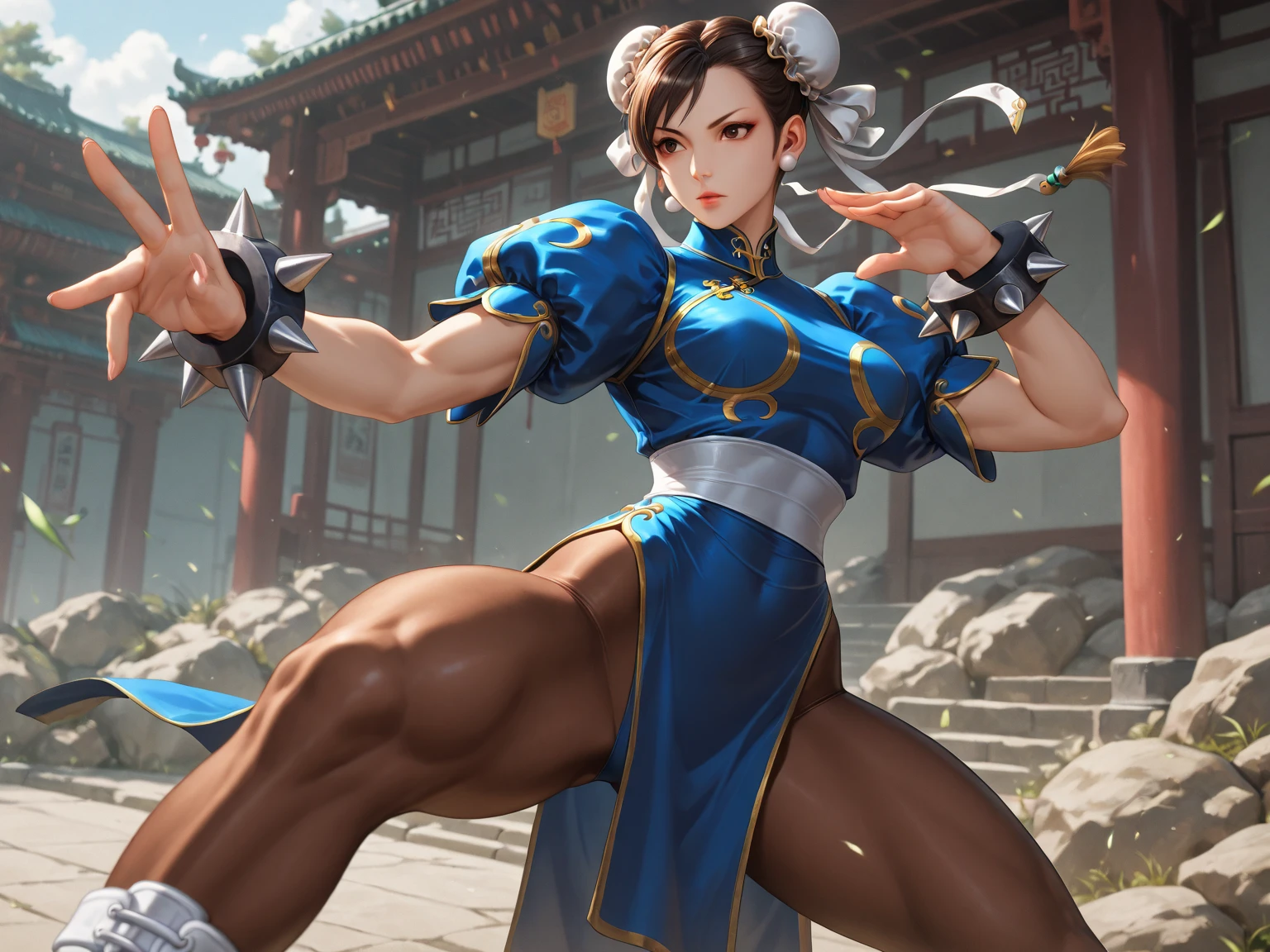 Sitting, peaceful place, lovely women, milf, muscle, chun-li, showing legs, blue tight uniform, extremely thick thighs, very fit belly, sexy pose, posing sexy, sexy strong legs, strong thighs, big hips, fit waist, ultra quality, cinematic, detailed skin, detailed patterns, detailed clothes, detailed face, brushed cheeks, sweet mouth
