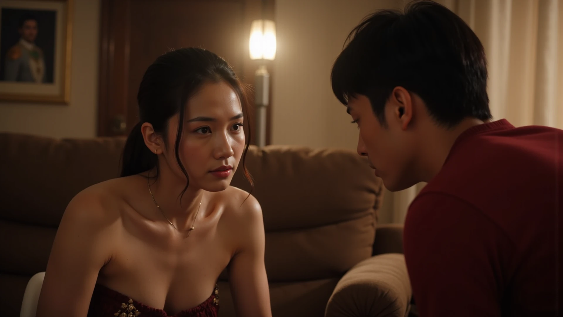 dramatic scene where a son found out that his mother has a naked picture in her phone, son blackmailing mother to undress, mother embarrassed, the mother is a beautiful indonesian woman, with features similar to Nora danish (40 yo beautiful celebrity, woman with slim body and medium saging breast mid short hair), 15 yo teenage nerd boy, the mother kneeling in front of his son, begging her son to forgive her. mother is wear hijab, she wear black victoria secret sexy lingerie and has an ashamed expression on her face. The son naked and show his cellphone to his mother, the mother pleads with tears in his eyes,the scene is captured in the living room at afternoon, intense emotions, cinematic, gritty realistic style, chiaroscuro lighting, intense facial expressions, vulnerable poses, sensitive content, powerful storytelling