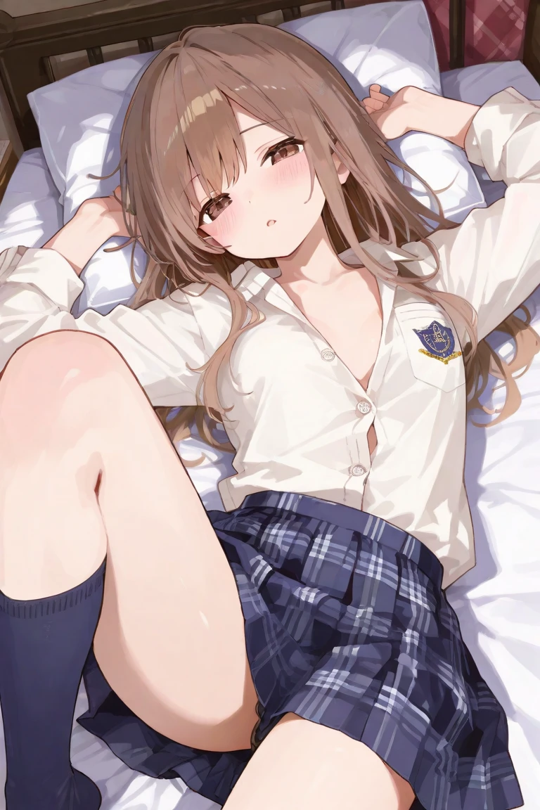 A girl, with shimmering, flawless skin that glows under the soft light, is depicted in this ultra-detailed image. Her thick thighs are accentuated by the tight white panties she wears, adding to her curves and allure. Her school uniform, consisting of a blouse with a collared neckline and a plaid skirt, is neatly arranged around her crouching form. Her long, wavy brown hair cascades down her back, framing her delicate, expressive face. Her eyes, dark and detailed, seem to look intently into the depths of the viewer's soul. The background is a blur, adding focus to the intricately detailed girl, who